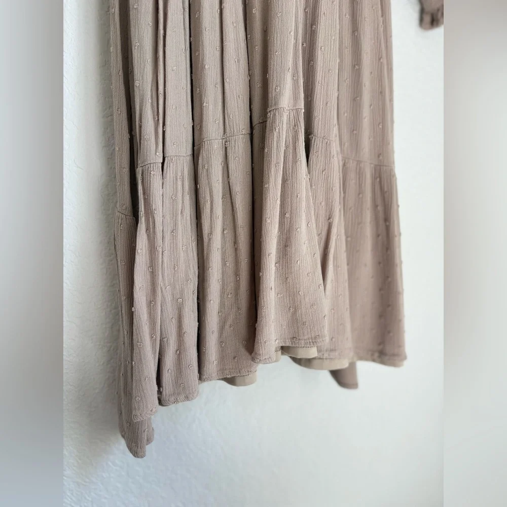 Baltic Born Lainey Smocked Swiss Dot Midi Dress Taupe Boho Long Sleeve Large - Picture 7 of 14